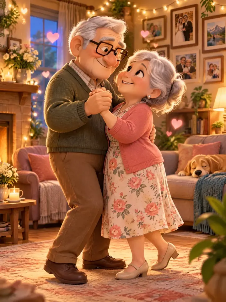 A sweet elderly cartoon couple dancing at home