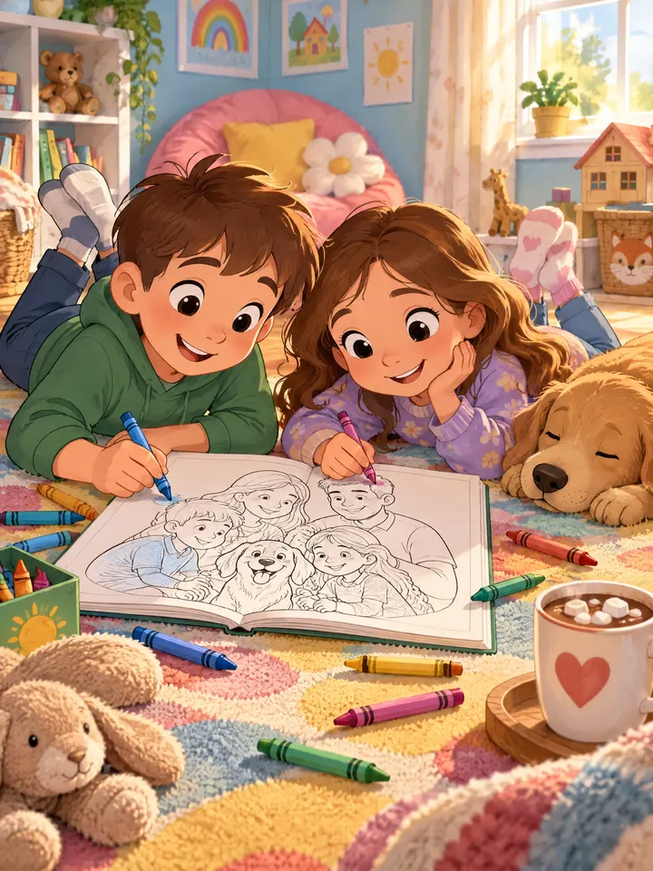 Cartoon kids colouring a book that shows their family