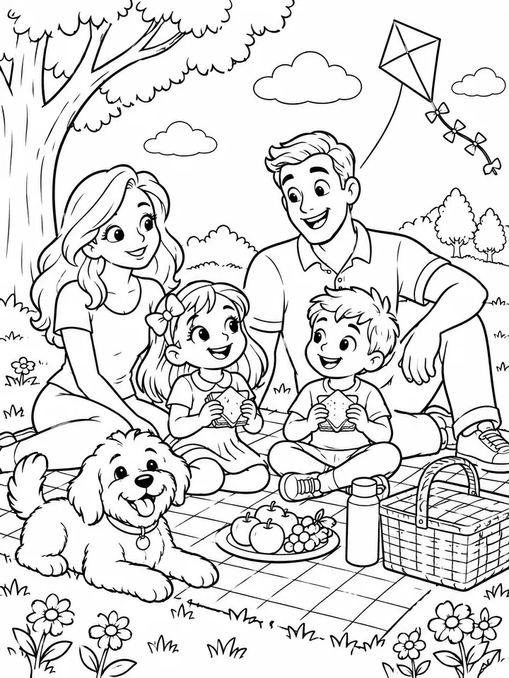 A cartoon coloring page of a family picnic