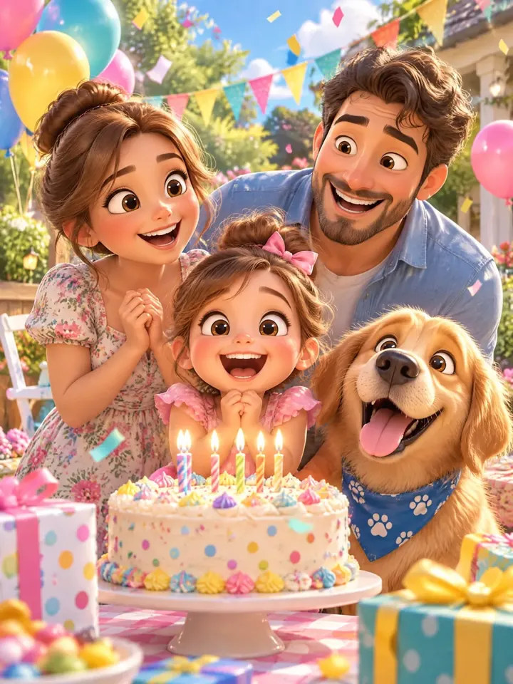 A cartoon family and their dog at a birthday party
