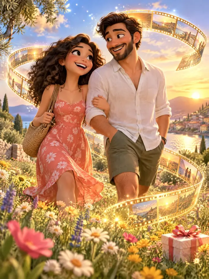 A happy cartoon couple in a sunny meadow