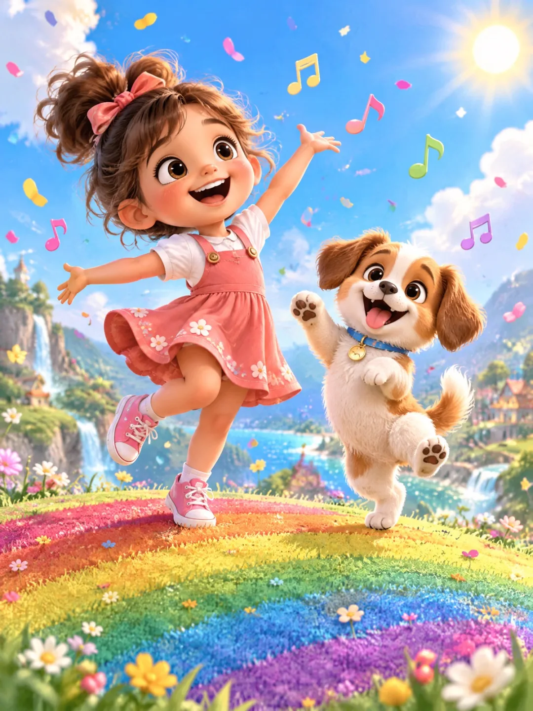 A cartoon child and puppy dancing on a rainbow hill (style preview)