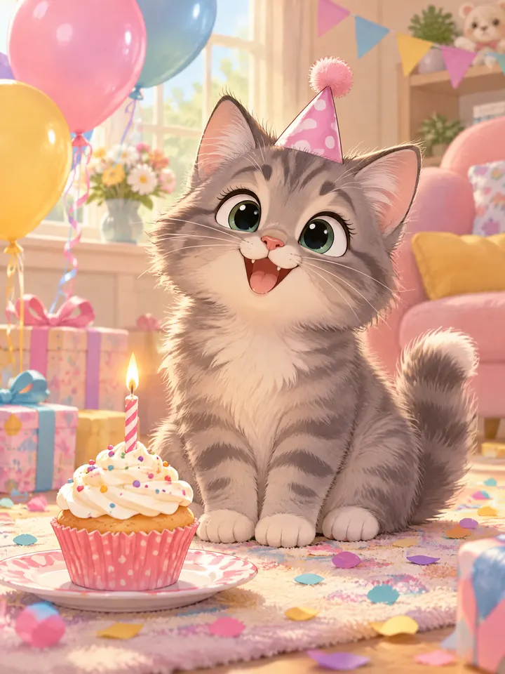 A cartoon cat at a birthday party