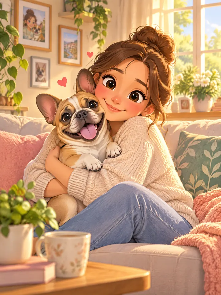 A cartoon woman hugging her dog