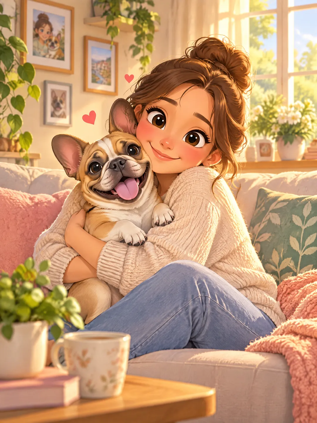 A cartoon woman hugging her french bulldog on a sofa (style preview)