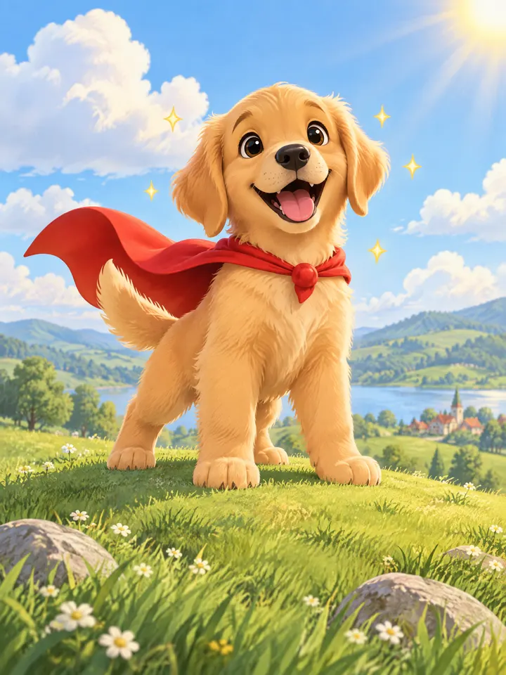A cartoon puppy in a red superhero cape