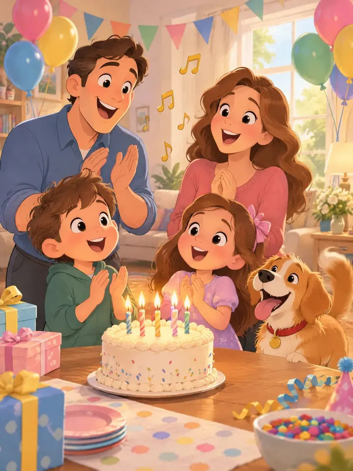 A cartoon family singing a birthday song
