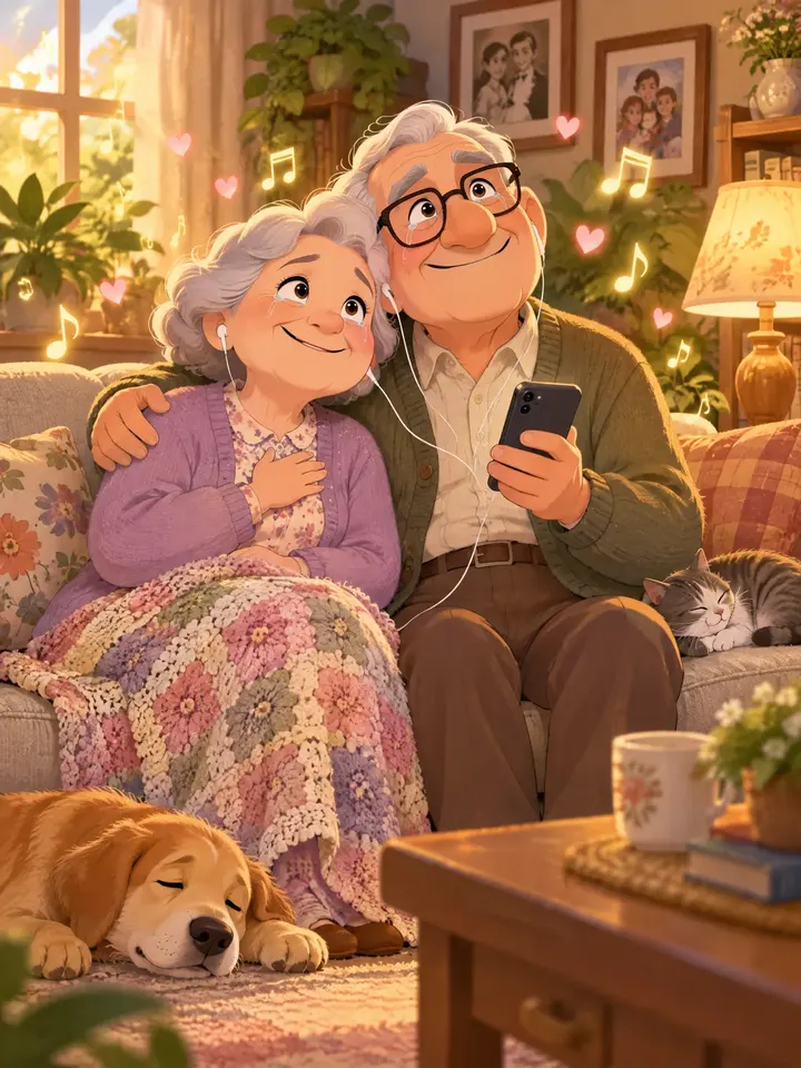 Cartoon grandparents listening to their song with happy tears