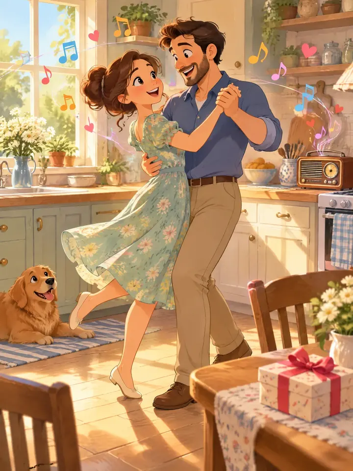 A cartoon couple dancing in their kitchen to their song